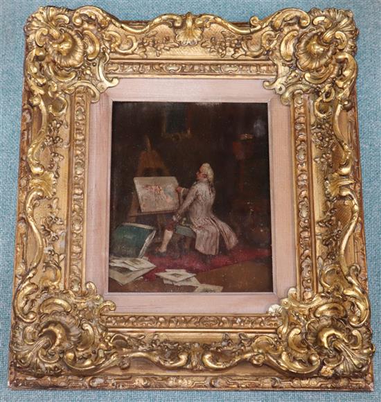 Follower of Sir Peter Lely, portrait of a lady, oil on panel, in carved giltwood Florentine frame and a pair of French interior scenes,